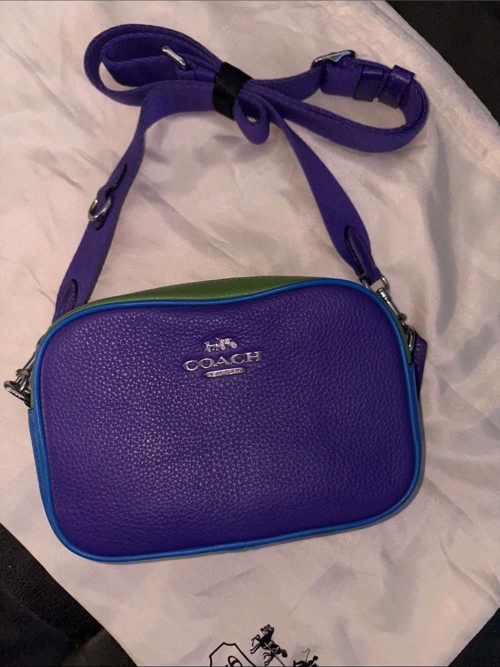Coach Purple Leather Crossbody with Blue Trim and Green Accent